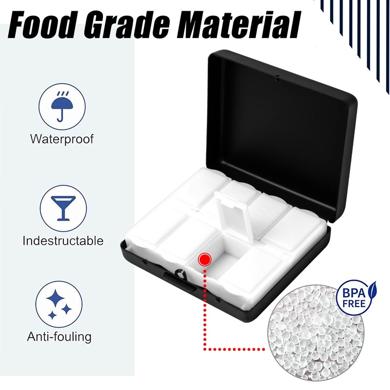 Simple Square Metal Portable Pill Box with 8 Compartments (Black)