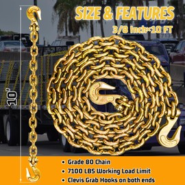 SENKEYFE G80 Transport Binder Chain 3/8"×10 ft|Lifting Chain with 7100 lbs Working Load Limit|Log Safety Towing Chains Extension for Flatbed Trailers,Truck,Boat|Tow Tie Down Binding Accessories