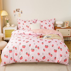 Koudi Pink Strawberry Duvet Cover Set Twin Kids Girls Cute Bedding Set 100% Microfiber Ultra Soft Blush Pink Comforter Cover with 2 Pillowcases Zipper Closure