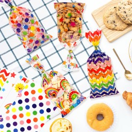 Rainbow Cellophane Treat Bags, 5x11 Inch Colorful Plastic Gift Bags 100 Pcs Star Polka Dot Stripes Printed Candy Bag with Twist Ties Rainbow Goodie Bag for Birthday Valentine's Party Favor Supplies