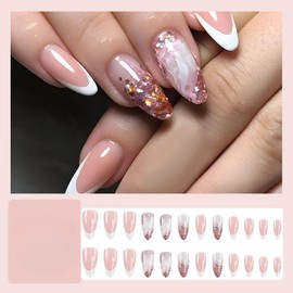 Almond Press on Nails Medium Marble Fake Nails Pink Shiny Glitter Sequins Gradient False Nails Glue on Nails Manicure White French Tips Artificial Nails Stick on Nails Glue on Nails for Women 24Pcs