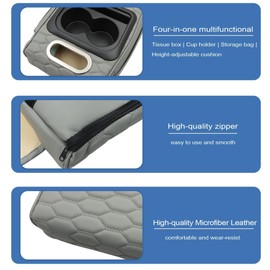 AOUTTUOA Gray Car Center Console Cover Universal Car Multifunctional Armrest Heightening Pad Microfiber Leather with Built-in Tissue Box & Cup Holder & Phone Storage Slot & Side Pockets