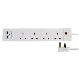 Extension 4 Gang with 2 USB, White 2M, Power Outlet Strips Electrical, Qty X 1