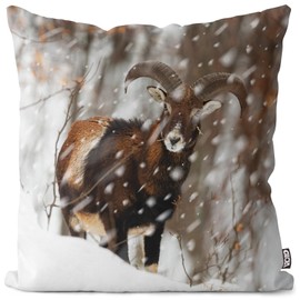 VOID Capricorn Bock Mufflon Winter Snow Cushion Cover Polyester Christmas Decoration Winter Outdoor Decoration Cushion Size: 50 x 50 cm