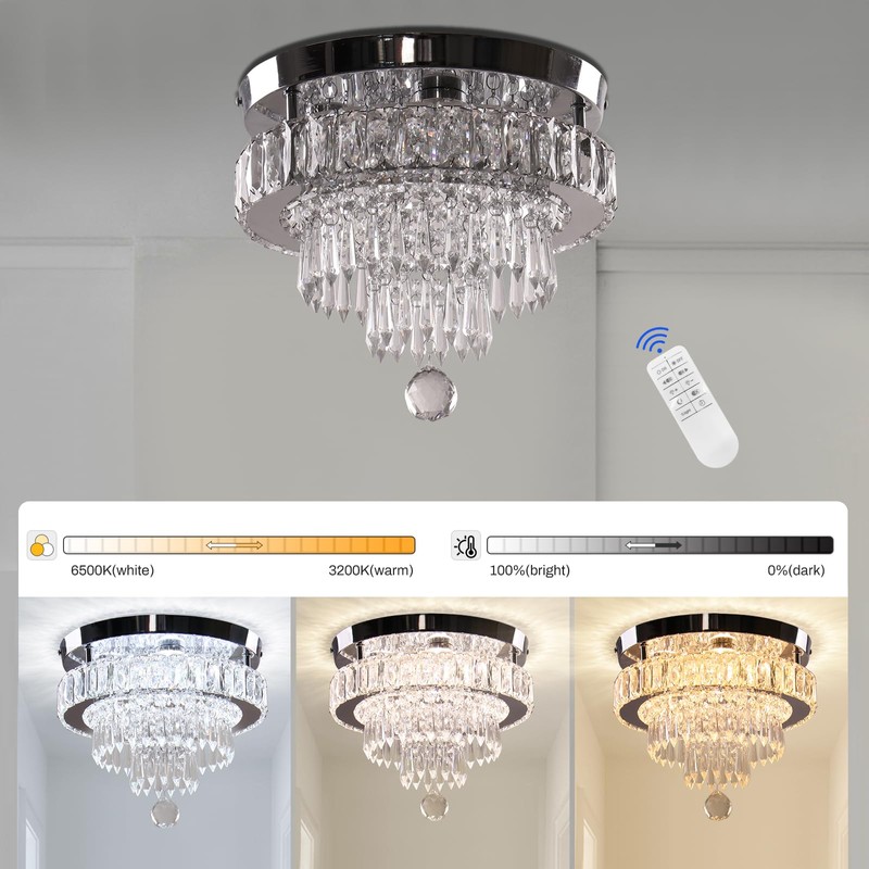 Finktonglan 11.8" Dimmable Crystal Ceiling Light with Remote, Mini Flush