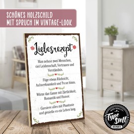 TypeStoff Wooden Sign with Saying “Liebesrezept”, Graphic Picture Colourful Sign, Wall Sign, Door Sign, Wooden Plaque, Wooden Picture as Gift and Decoration, 19.5 x 28.2 cm