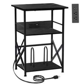 DALEMHOME Record Player Stand with Charging Station, 3-Tier Side Table for 100 Vinyl Storage, End Table for Living Room, Bedroom, Black HKET1002BK