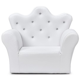 DREAMADE Kids Sofa with Ottoman, Crown-Like Kids Couch w/Comfy Armrests, Sturdy Wood Structure, PVC Leather Surface & Crystal Decoration, Toddler Chair with Footstool, Ideal for Princess 3-5 (White)
