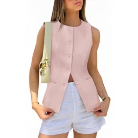 Tankaneo Womens Tweed Sleeveless Vest Crew Neck Button Down Fitted Blazer Vest Tops Work Casual Waistcoat