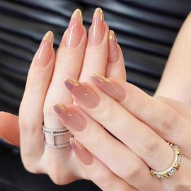 Gold Chrome French Tip Press on Nails Almond Medium Fake Nails Glossy Designs Nude Acrylic Nails Aurora Gold Almond Nails Tip Full Cover False Nails Artificial Glue on Nails for Women Girls 24Pcs