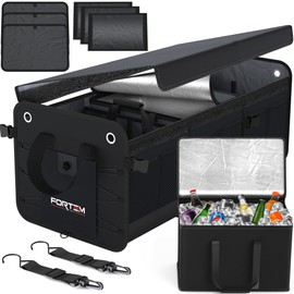 FORTEM SUV Trunk Organizer with Cooler, Car Organizer, Collapsible Multi-Compartment Storage Bag for Car Accessories for Women, Non Slip Bottom, Adjustable Straps, Soft Cover 90L (Extra Large, Black)