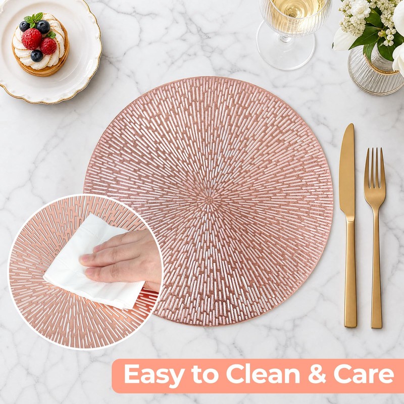 Komforbaa 4 Pcs Round Placemats,Vinyl Metallic Hollow Placemat,Rose Gold