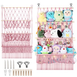 3 Tier Hanging Stuffed Animal Storage Shelf, 24x39 Inch Large Stuffed Animal Organizer Display for Mini Medium Stuffy Teddy, Pink Boho Macrame Stuffy Storage w/LED Light & Clips for Kids Girls Boys