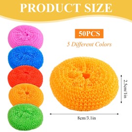 Supkiir 50Pcs Plastic Dish Scrubber Pads, Nylon Scrubbing Pad Scouring Pad Round Mesh Dish Pot Scrubber Non Scratch for Kitchen Household Cleaning, 5 Colors