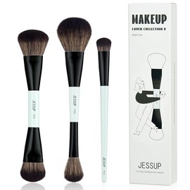 Jessup Set Brochas de Maquillaje Facial,3pcs Juego Pinceles Maquillaje de Doble Punta para Base Contorno Rubor Resaltador y Corrector Set Brochas Vega