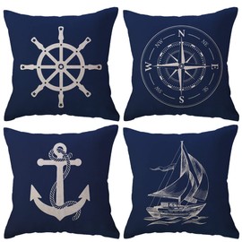 ULOVE LOVE YOURSELF Ocean Theme Blue Pillow Covers 18×18 Inch,4Pack with Compass/Anchor/Sailboat/Navigation Pattern Coastal Sailing Cushion Covers Nautical Beach Decorative Pillowcases for Sofa/Couch