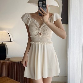 Women's Stylish Short Sleeve One-Piece Swim Dress - Tummy Control, Modest, Plus Size Swimwear R248 M [Suitable for 95-105 Geun]/30068 Beige 2ea