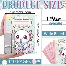 6 Pcs Composition Notebook Wide Ruled Paper Cute Axolotl Journal