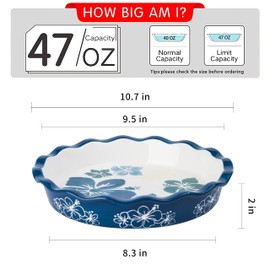 Sagoskat Pie Pan Ceramic Pie Plate, 9 inch Deep Dish Pie Pans, Nonstick Pie Pans for Baking, Blue and White Floral Pie Dish For Kitchen