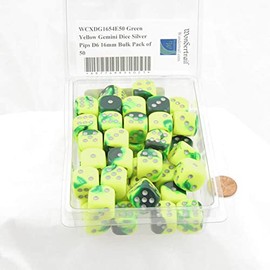 Green and Yellow Gemini Dice with Silver Pips D6 16mm (5/8in) Bulk Pack of 50 Wondertrail