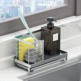 Kitchen Countertop Dish Soap and Dishwashing Brush Holder, SUS 304 Stainless Steel Sponge Organizer, Basket for Cleaning and Scrub Tool, Kitchen Sink Brush Caddy Holder