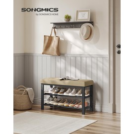 SONGMICS Shoe Bench, Storage Bench, Entryway Bench with Cushion, Shoe Shelf with Seat, Space-Saving, Modern Style, for Living Room, Bedroom, Hallway, Camel Brown and Ink Black ULBS057K01