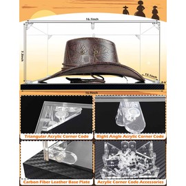 Clear Cowboy Hat Display Case Box Acrylic Panama & Tweed Hat Holder Stand with Mirror & Carbon Fiber Skin Base, Assemble Acrylic Box Shoes Sneakers UV Protection Memorabilia Collectibles Showcase