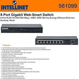 Intellinet Network (561099) 8-Port RJ45 10/100/1000 Mbps Gigabit Web-Smart Switch, Metal, IEEE 802.3az (Energy Efficient Ethernet)