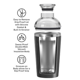 OGGI Groove Insulated Cocktail Shaker-17oz Double Wall Vacuum Insulated Stainless Steel, Tritan Lid has Built In Strainer, Ideal Cocktail Mixer, Martini Shaker, Margarita Shaker, Black