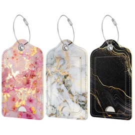 Hnogri 3 Pcs PU Leather Luggage Tags for Suitcase, Travel Cruise Luggage Tag with Privacy Flap, Name ID Label and Metal Loop for Women Men Baggage Handbag School Bag Backpack, Gold Marble