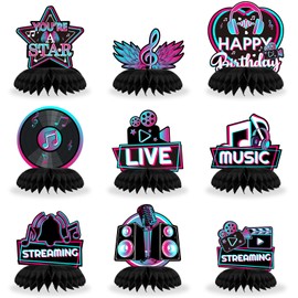 Music Honeycomb Centerpieces, Vinyl Record Short Video Table Decoration Honeycomb Centerpieces for 90s 80s 70s Birthday Musical Themed Party Toppers, 9Pcs