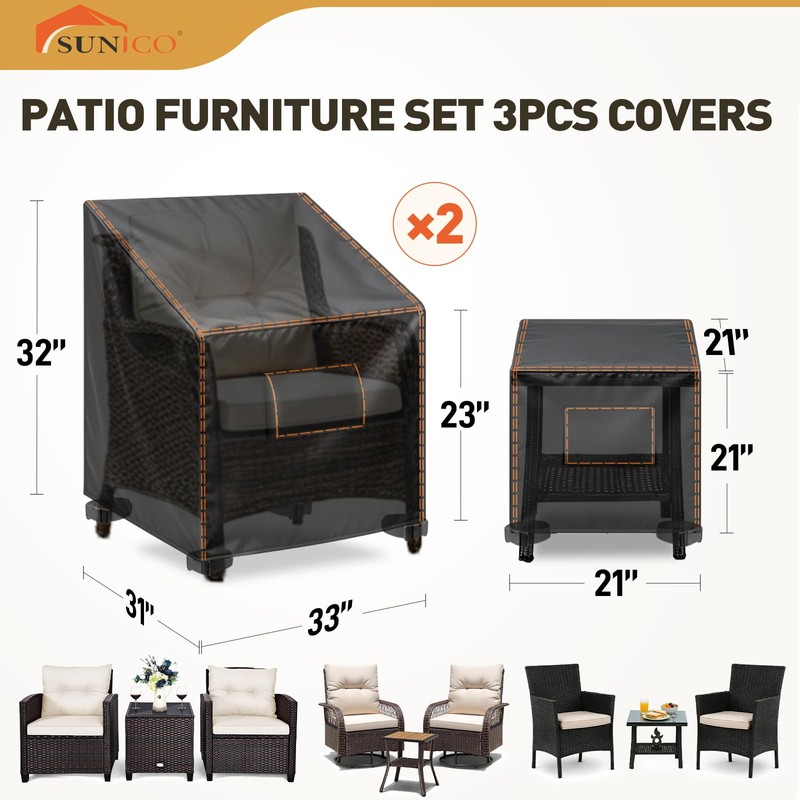 SUNICO Patio Furniture Covers 3 Piece Set,Outdoor Waterproof,Medium,Black
