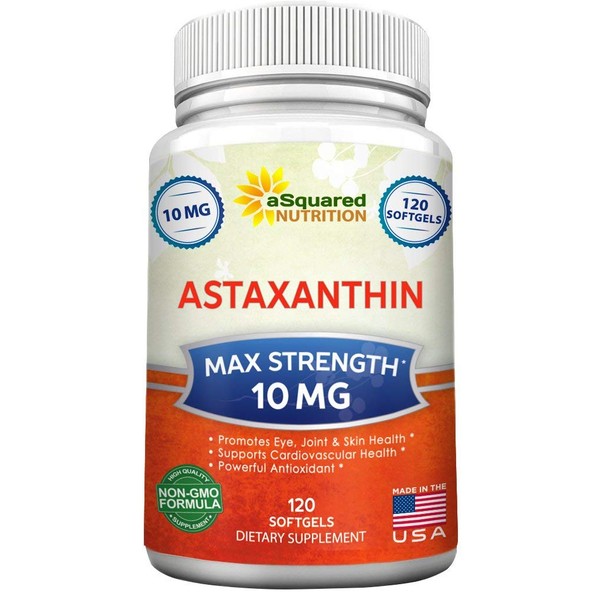 aSquared Nutrition Astaxanthin Supplement - Natural Astaxanthin Pills from Haematococcus Pluvialis Extract for Pure Energy - Max Strength 10mg - 120 Softgels