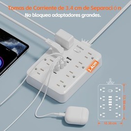 TerHavn Extension electrica Corta 1.5M y Regleta Multicontacto con 8 Tomas y 6 USB (2 USB-C) - supresor de Picos de Voltaje, Enchufe Plano para Dormit