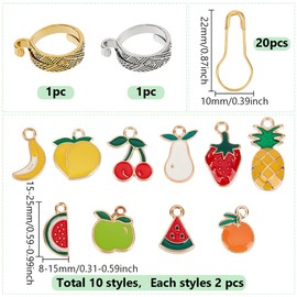 CRAFTYMELODY 20Pcs Stitch Markers, Fruit Alloy Enamel Crochet Stitch Marker Charms 2Pcs Adjustable Knitting Crochet Loop Ring for Fingers Cute Safety Bulb Pins Kit for Crochet Knit Sewing Accessories