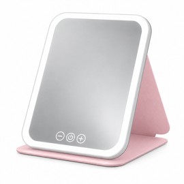 LED Dimmable Makeup Mirror with 3 Color Light Modes, Adjustable Brightness, USB Charging Foldable Tabletop Vanity Mirror for Travel & Home