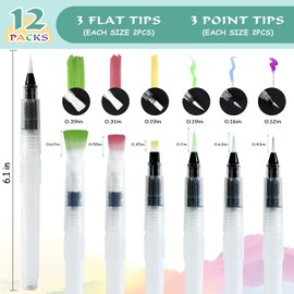 Junreox 12Pcs Watercolor Brush Pens, Premium Leakproof Water Brush Pen with 6 Assorted Tips for Aquarelle, Gouache, Acrylics, Refillable Paint Pens, Arts Value Set