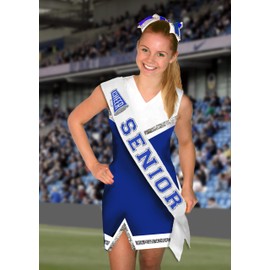 Senior Sash Cheer - Royal Blue with Silver Sparkle Outline Cheer Senior White Premium Grade Satin Sash - High School Cheerleader Gifts - White Sash (Cheer) BLU w/SLV
