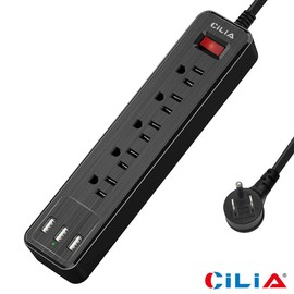 CILIA Power Strip Surge Protector with 5 AC Outlets & 3 USB Ports, 5Ft Flat Plug Extension Cord, 1250W/10A, 3-Prong Wall Mount, UL Listed for Home, Office, Dorm (Black, 3 USB Ports 5 Outlets)