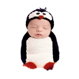 Fashion Newborn Baby Photography Props Boy Girls Photo Shoot Props Outfits Crochet Knitted Costume Unisex Cute Infant Hat Pants Set (Penguin sleeping bag)