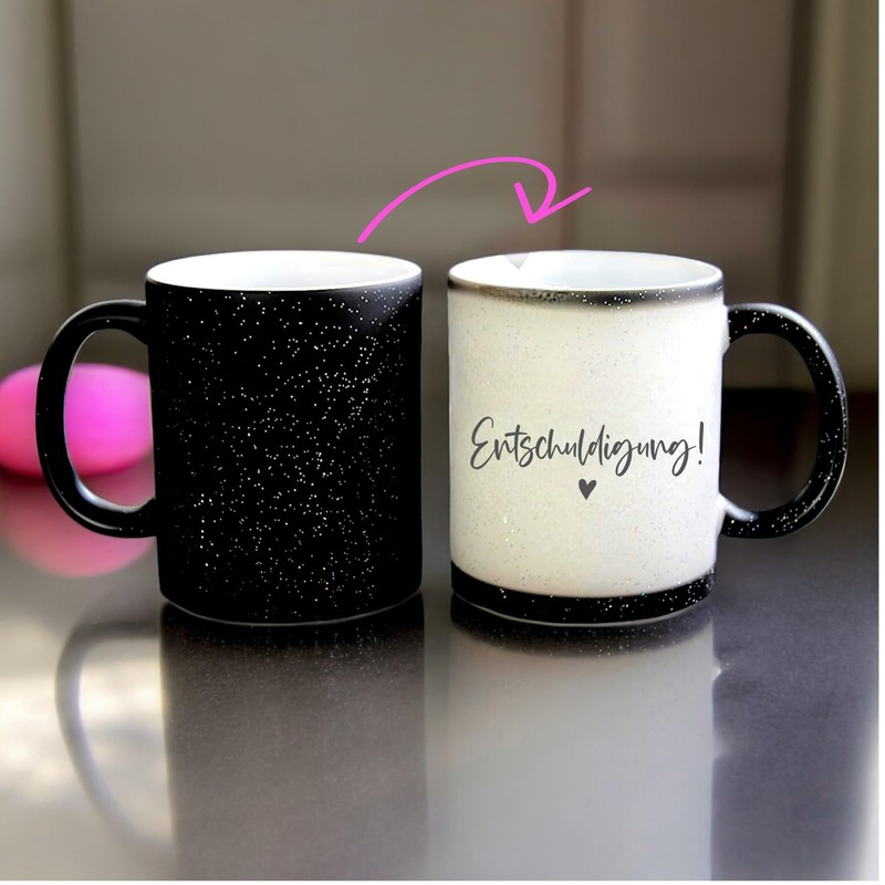 Zaubertasse "Entschuldigung" - Farbwechseltasse mit Glitzerpartikeln - Magic-Thermo-Effekt