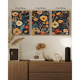 KUVIOKE Vintage Flower Framed Wall Art Colorful Boho Floral Wall Decor Botanical Retro Wildflower Modern Artwork Bedroom Living Home Decor 11x14in (Natural Framed)