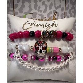 Erimish Brand New! ERIMISH Bracelets -  3 Pc Stack - Pink, White & Gold, W/ Sugar Skull