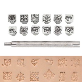 Yosugar Leather Stamp Punching Tools, 10 mm Metal Leather Punching Tools, 12 Pieces Botanical Leather Stamps, and 1 Piece Handle for Leather Embossing DIY Clay Leather Craft Printing
