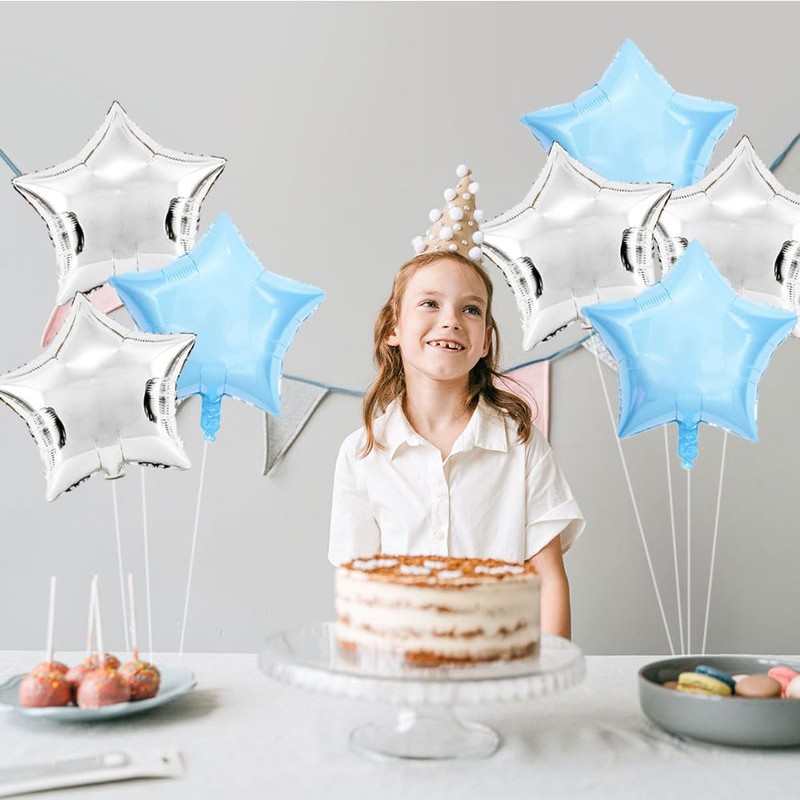 AnnoDeel 20pcs Silver Blue Star Foil Balloons,18inch Silver and light