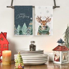 Artoid Mode Trees Reindeer Sleigh Snowflakes Merry Christmas Kitchen Towels Tea Towels 42 x 65 cm Christmas Decoration Polyester Towels Set of 4