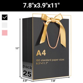 EUSOAR Gift Bags With Handles, 25pcs 7.8"x3.9"x11" Black Thank You Gift Paper Bags with Bow Ribbon Handle, Shopping Gift Treat Bags Bulk for Wedding Baby Shower Guests Bridal Craft Grocery