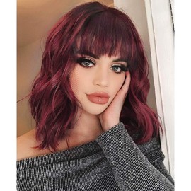 FVCENT Short Curly Shoulder Length Full Bang Wavy Women's Wig (Burgundy)