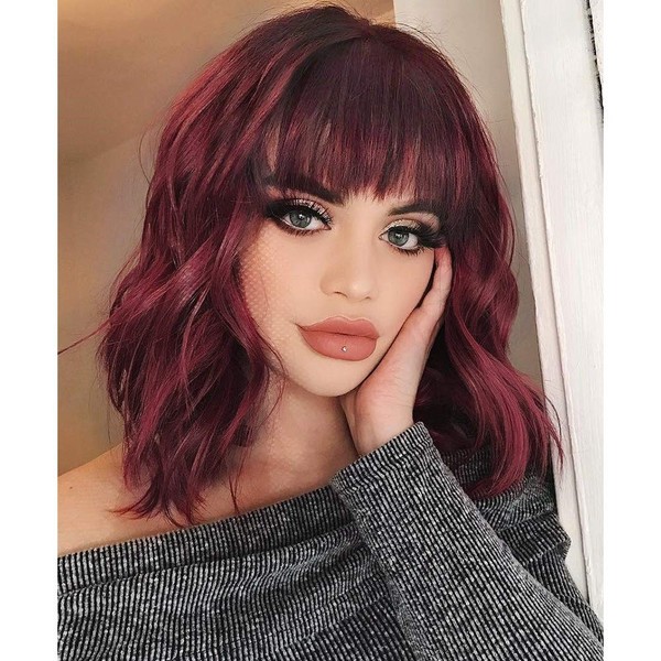 FVCENT Short Curly Shoulder Length Full Bang Wavy Women's Wig