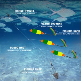 Vipfish Pompano Rig for Surf Fishing - 6 Pack Pompano Rigs Saltwater for Pompano Bait, Whiting Rigs - Pompano Floats,2/0 Fishing Hooks,Mono line and Crane Swivel Snaps